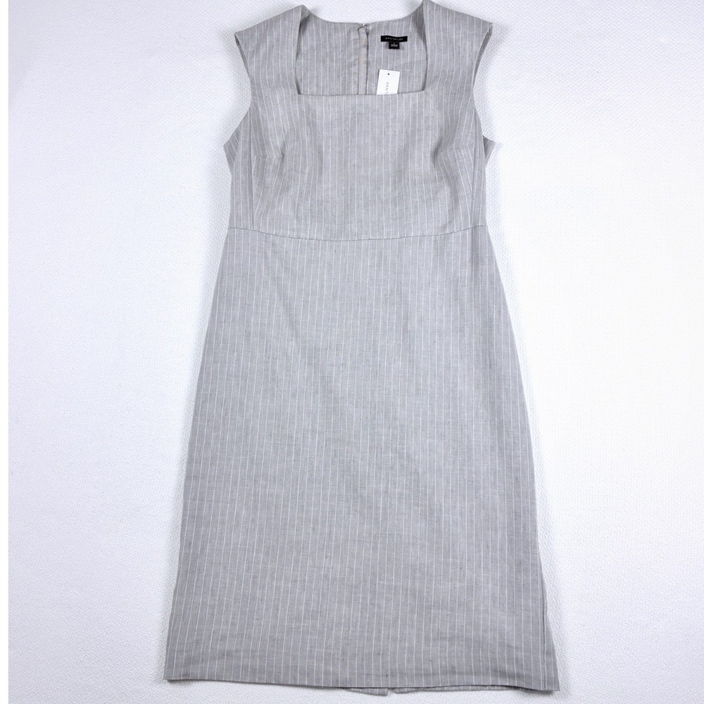 Ann Taylor Linen Sheath Dress Grey Pinstripe Lined Minimalist Quiet Luxury 2